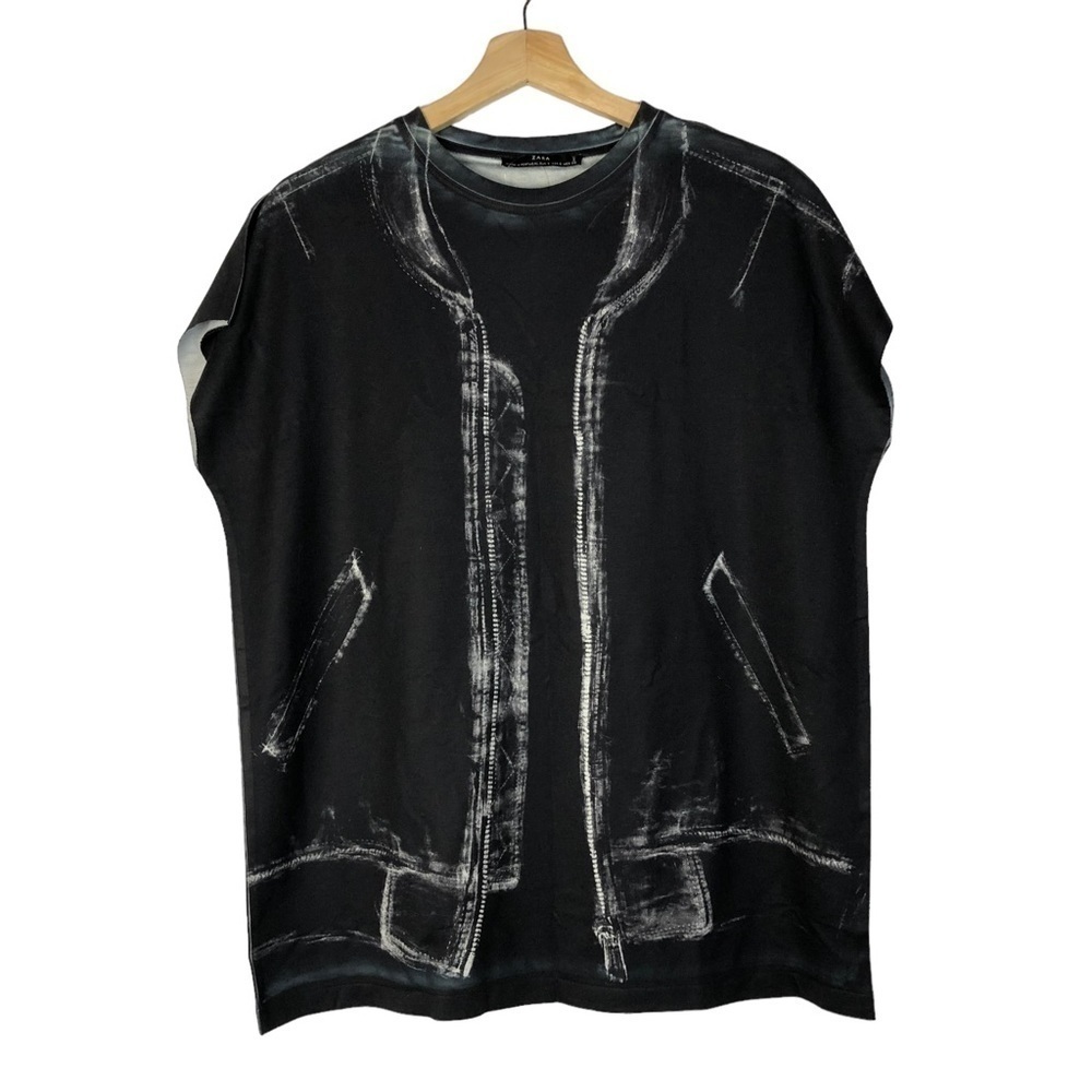 Zara Black Zip Printed Oversized Short Sleeve T-Shirt S‎